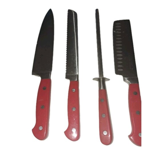 Pioneer Woman 8 Pc Knife Red Handles Stainless Steel Country Kitchen Farmhouse - Picture 3 of 12